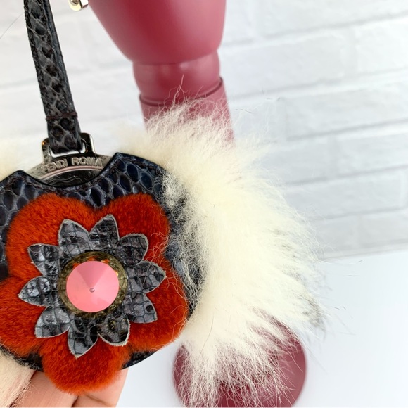 Authentic FENDI Mirror Floral Python Skin Leather Fur Bag Bug Charm - Picture 7 of 16